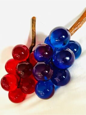 Vintage Lucite Acrylic Grapes 2 Bunches of 10 Blue Red on Wood Stick